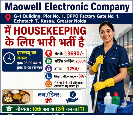 Maowell Electronic Company, Kasna, Greater Noida में Housekeeping के लिए भारी भर्ती है maowell