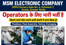 MSM Electronic Company, Kasna, Greater Noida में Operators (Final Assembly, Testing, Packaging)के लिए भारी भर्ती है MSM